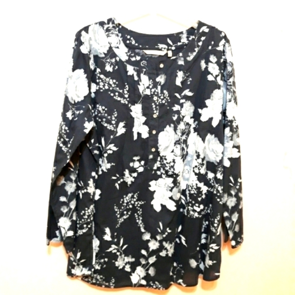 Soft Surroundings Plus Top 100% Cotton Floral Long-Sleeve Size 1X